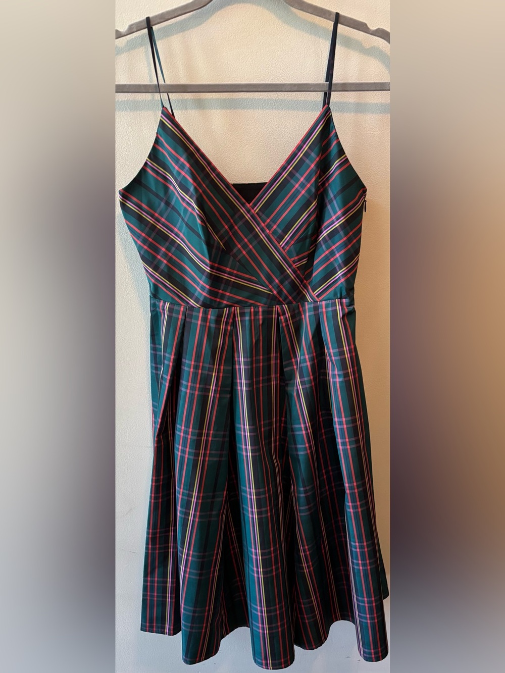 J. Crew Green Plaid Wrap-Style Midi Dress with Black, Pink & Red Stripes